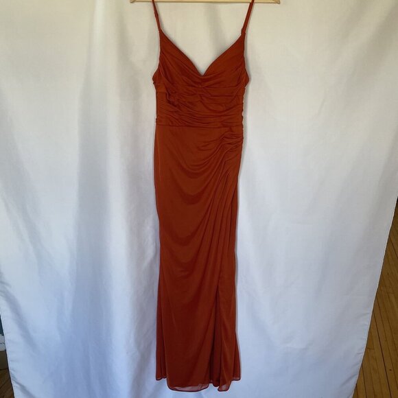 Azazie Deandra A4 Rust Orange Maxi Dress With Ruched Bodice & Spaghetti Straps - Picture 1 of 9